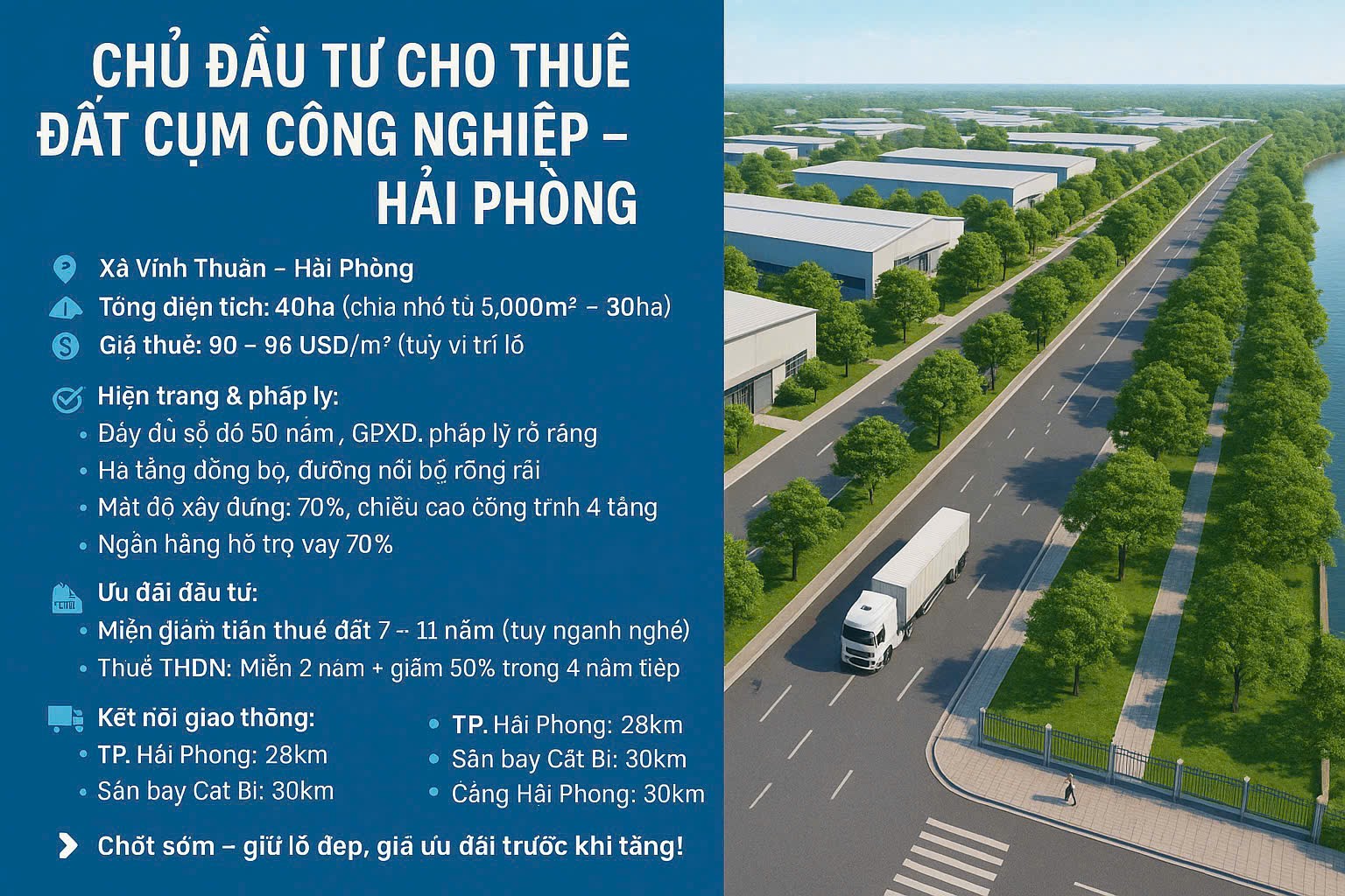 CHO THUÊ 40HA CÓ CHIA NHỎ ĐẤT CỤM CÔNG NGHIỆP TẠI HẢI PHÒNG 