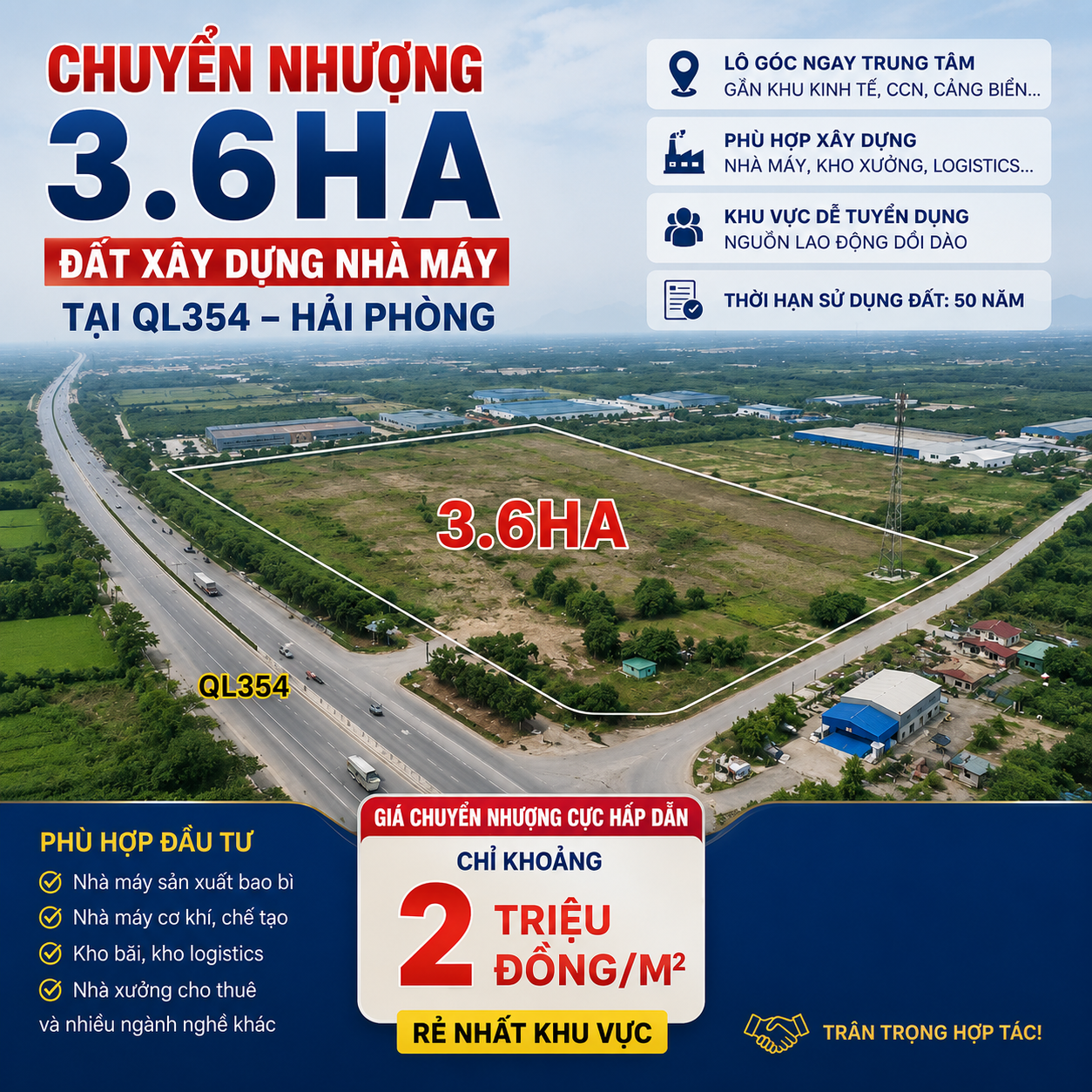 CHUYỂN NHƯỢNG 3,6 HA ĐẤT XÂY DỰNG NHÀ MÁY TẠI QL354 – HẢI PHÒNG | VỊ TRÍ GÓC ĐẸP, GIÁ CẠNH TRANH